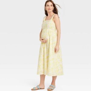 Hatch Nines Yellow Floral‎ Cotton Smocked Sleeveless Maternity Midi Dress Large